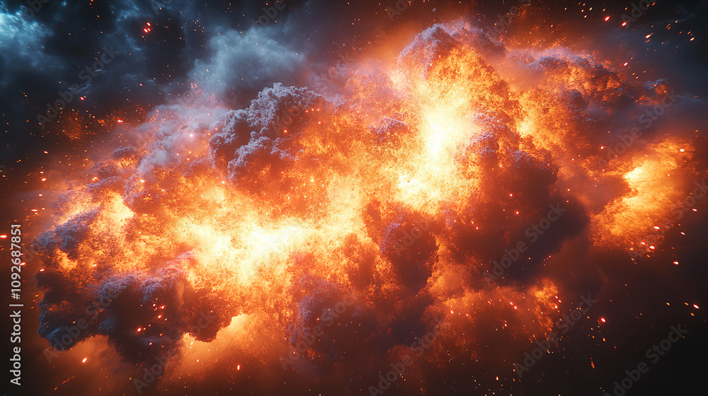 Vivid explosion illuminates the sky with fiery hues and dynamic cloud formations during a dramatic night event. Generative AI Vivid explosion illuminates the sky with fiery hues and dynamic cloud formations during a dramatic night event. Generative AI