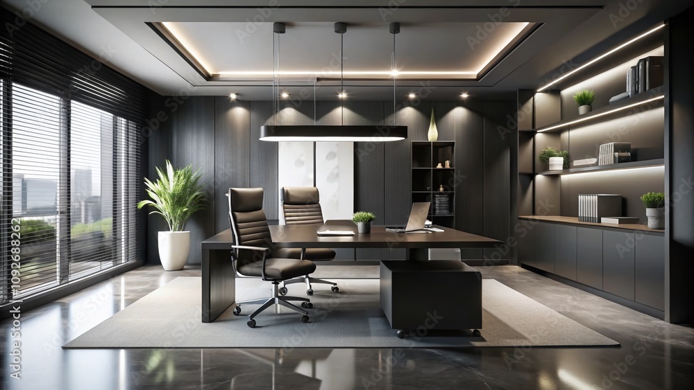 Low Light Photography of a Modern Black and White Office Interior with Elegant Furniture, Ambient Lighting, and Minimalist Decor for Stylish Work Environments Low Light Photography of a Modern Black and White Office Interior with Elegant Furniture, Ambient Lighting, and Minimalist Decor for Stylish Work Environments