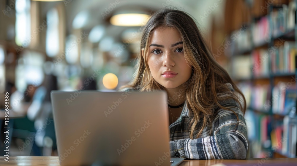 Intelligent-looking young woman, beautiful and confident, sitting in a university classroom, eager for success Intelligent-looking young woman, beautiful and confident, sitting in a university classroom, eager for success