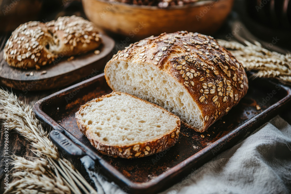 Freshly baked bread with a sliced loaf, surrounded by wheat and rustic elements. Freshly baked bread with a sliced loaf, surrounded by wheat and rustic elements.