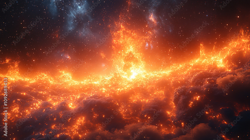 Obraz premium Exploring the vibrant orange nebula with fiery clouds in deep space during a cosmic phenomenon. Generative AI