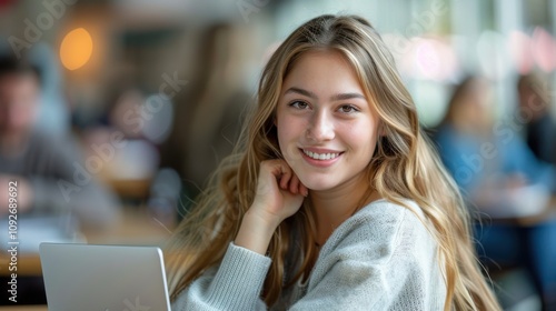 Intelligent-looking young woman, beautiful and confident, sitting in a university classroom, eager for success