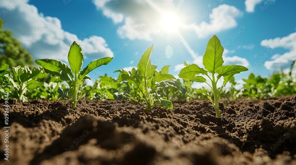 A thriving vegetable garden with vibrant plants growing in healthy, nutrient-rich soil, under a bright sunny sky.
A thriving vegetable garden with vibrant plants growing in healthy, nutrient-rich soil, under a bright sunny sky.