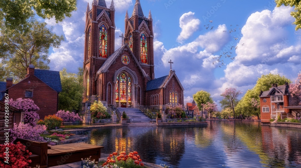 Fototapeta premium A serene lakeside view of a gothic church surrounded by blooming flowers and trees.