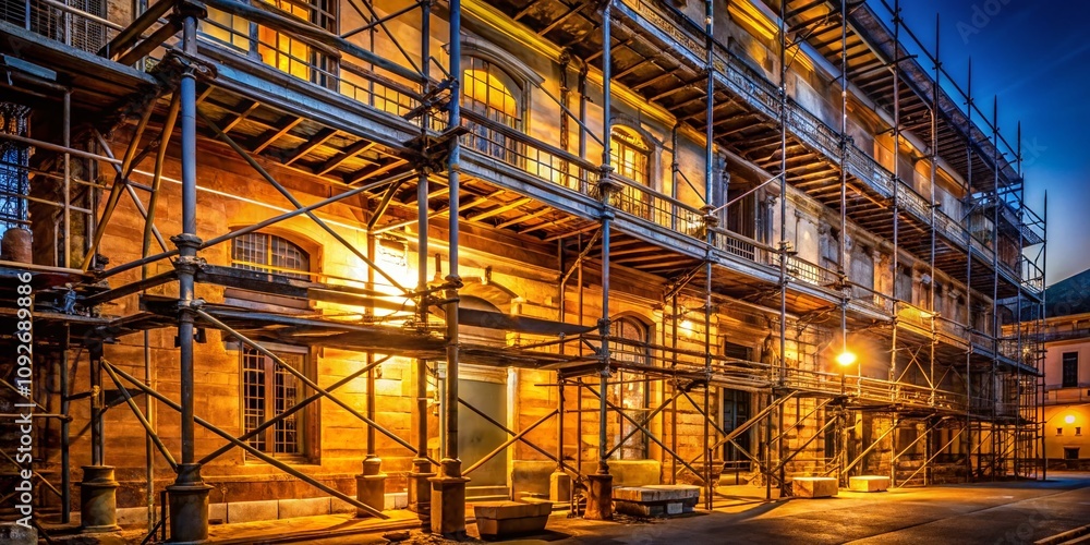 Fototapeta premium Low Light Photography of Renovating an Old Building Surrounded by Scaffolding, Capturing the Intricacies of Architecture and Construction in a Unique Atmosphere