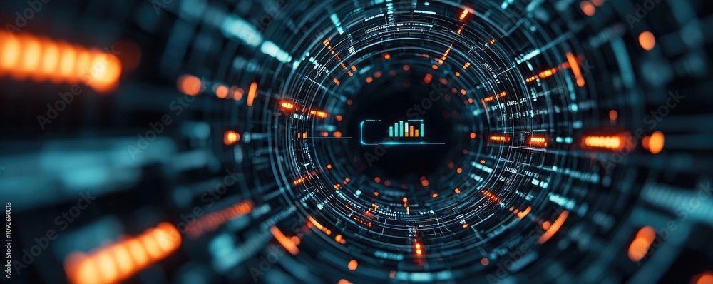 Obraz premium Futuristic digital tunnel with glowing lights and data visualization, abstract concept.