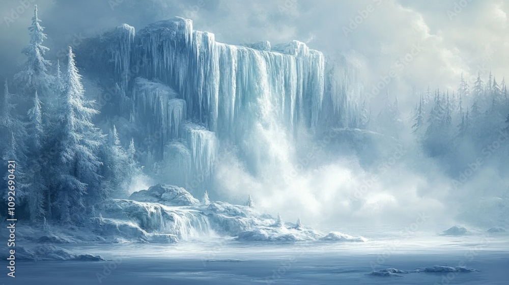 Frozen Waterfall with Snow-Covered Trees and Misty Landscape Frozen Waterfall with Snow-Covered Trees and Misty Landscape