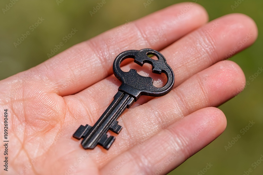 Old-fashioned black key held in hand with green background Old-fashioned black key held in hand with green background
