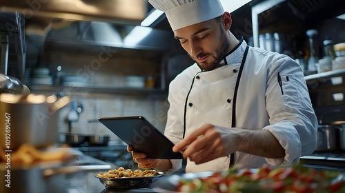 A chef following a recipe on an iPad while cooking in the kitchen, utilizing technology for culinary inspiration and guidance.