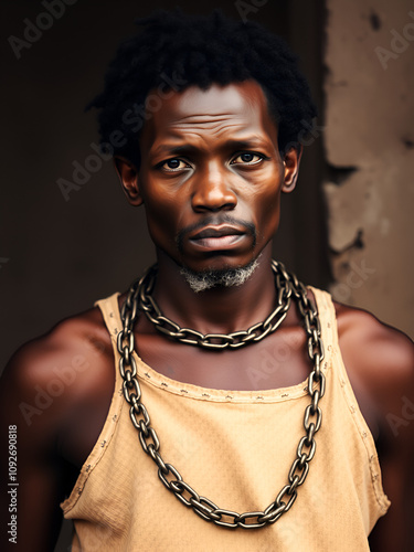 A historic portrait of a black african slave with metal chains