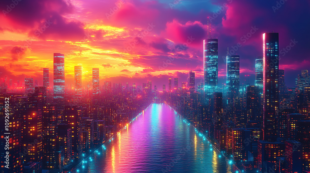 Fototapeta premium Vibrant city skyline at sunset with colorful reflections on the river. Generative AI