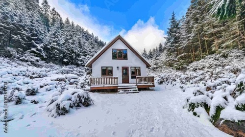 A picturesque white house in winter, its porch blanketed in snow and framed by tall evergreens, under a tranquil sky.