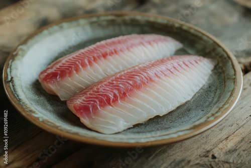 Fresh fish fillets displayed on a rustic plate, highlighting culinary presentation. photo