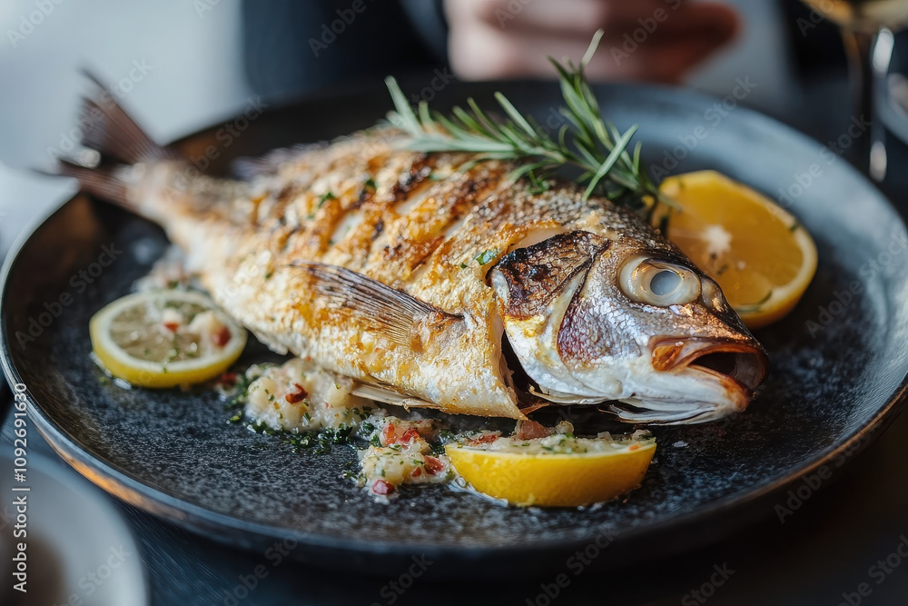 A beautifully presented whole grilled fish garnished with herbs and lemon slices on a plate. A beautifully presented whole grilled fish garnished with herbs and lemon slices on a plate.