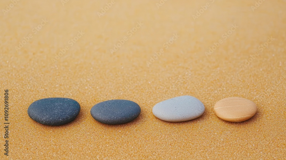 Four smooth stones of varying colors arranged on a sandy surface, showcasing their natural beauty and texture. Four smooth stones of varying colors arranged on a sandy surface, showcasing their natural beauty and texture.