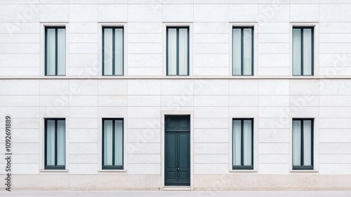 A minimalist building facade featuring a series of evenly spaced windows and a contrasting dark door at the center.