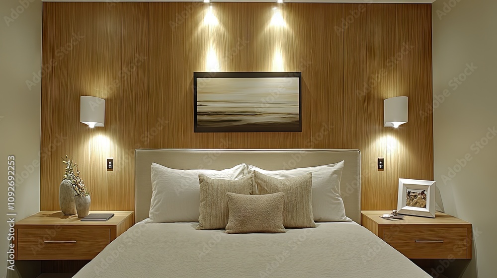 A serene bedroom with a plush bed, earthy-toned decor, and simple nightstands with soft lighting, showcasing minimalist charm. A serene bedroom with a plush bed, earthy-toned decor, and simple nightstands with soft lighting, showcasing minimalist charm.