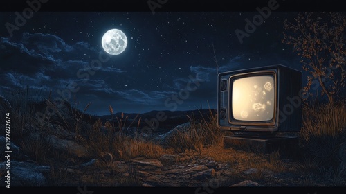 An old TV set sits on a hilltop under a bright moon and starry sky.