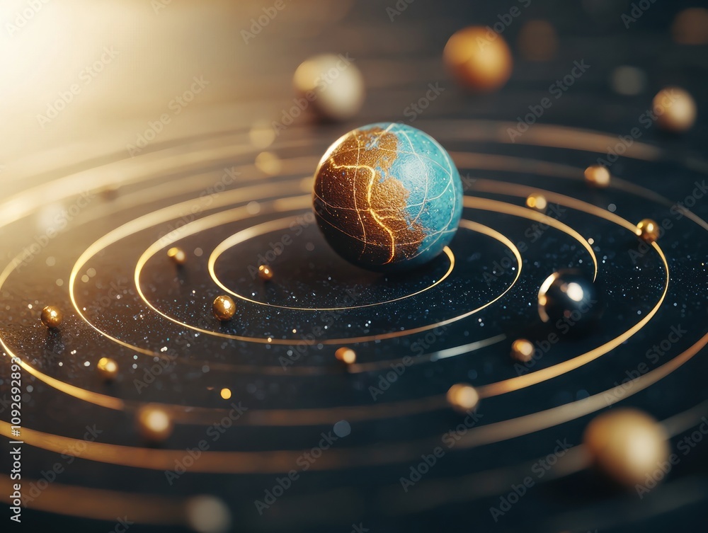 Fototapeta premium A stunning 3D representation of Earth within a celestial model, surrounded by orbiting planets in a dark, starry background.
