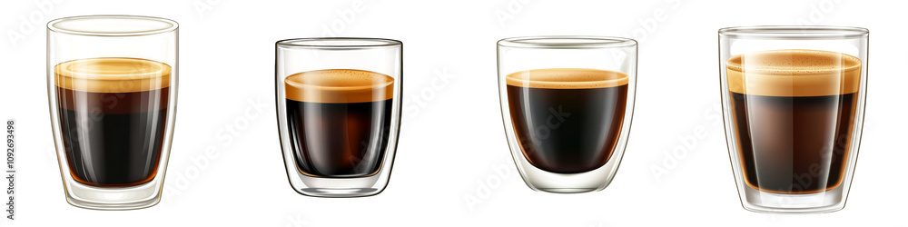 A series of espresso shots in clear glasses, showcasing varying amounts of rich, dark coffee with creamy crema on top. A series of espresso shots in clear glasses, showcasing varying amounts of rich, dark coffee with creamy crema on top.