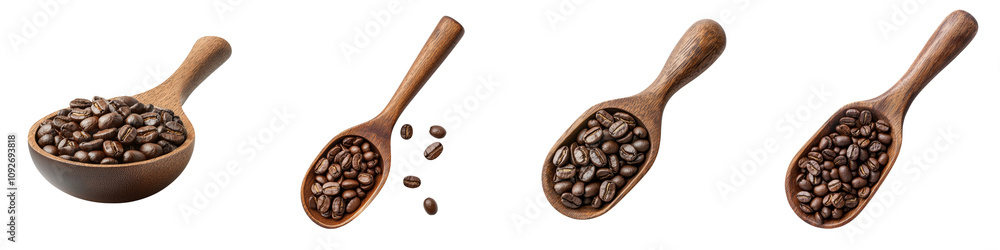 Fototapeta premium A wooden spoon filled with coffee beans, showcasing various amounts of beans in different spoons.