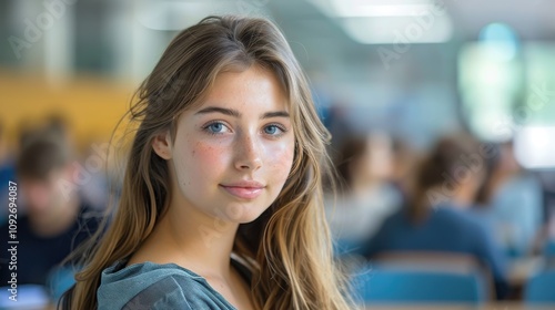 Intelligent-looking young woman, beautiful and confident, sitting in a university classroom, eager for success