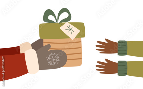 Sustainable Christmas concept. Santa gives a Christmas gift to child. Christmas clipart. Greeting concept.