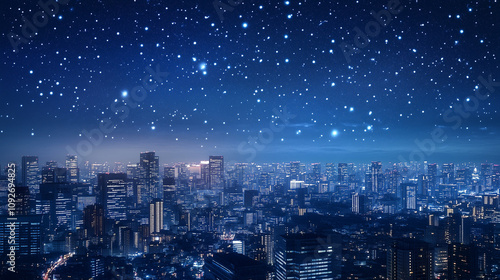 A captivating waiting screen for a YouTube live stream, set against a city skyline at night. The sky is sprinkled with twinkling stars, and distant buildings glow softly. This image should convey a ca