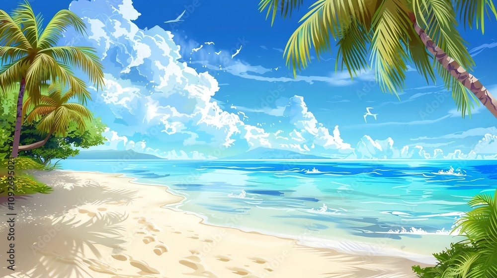Fototapeta premium A cartoon illustration of a tropical beach scene with palm trees and a blue sky with clouds.