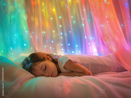 A little girl sleeps on a bed surrounded by multicolored light and white curtains, creating an atmosphere of calm and warmth. Focused photo in high resolution, with clear details and professional