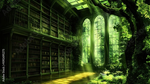 A serene library enveloped in greenery, blending nature with literature.