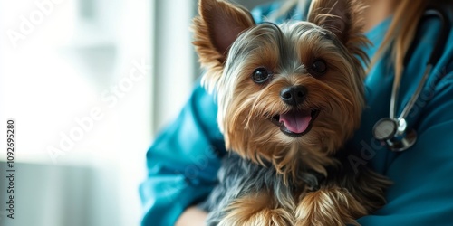 A warmhearted veterinarian, accompanied by a spirited Yorkshire Terrier, is passionately dedicated to providing exceptional care and comprehensive health services for your beloved furry friends photo