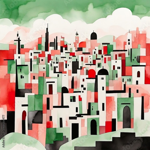 Abstract vibrant geometric watercolour art. Multicoloured shapes, elements creates ancient arabic city architecture. Square retro wallpaper. Abstract town buildings. Urban old business houses.