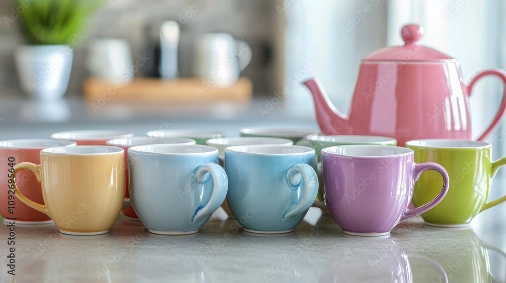 Fototapeta premium Colorful ceramic cups with tea and a teapot on a kitchen counter