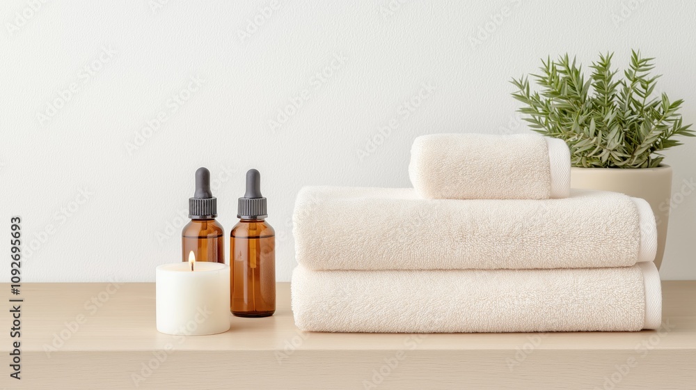 Spa Essentials with Towels, Aromatherapy Oils, Candle, and Plant on Wooden Shelf Spa Essentials with Towels, Aromatherapy Oils, Candle, and Plant on Wooden Shelf