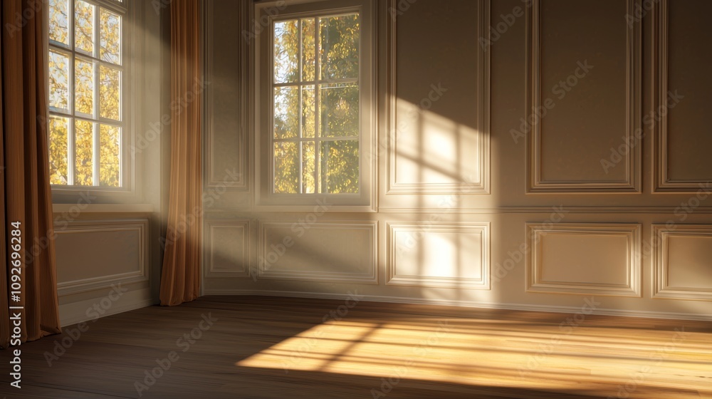 Fototapeta premium A serene, sunlit room featuring large windows, warm wooden floors, and soft curtains, creating a peaceful and inviting atmosphere.
