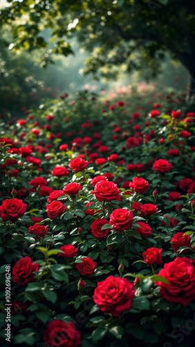 Lush Rose Garden with Red Blooms and Sunlit Trees, Romantic Nature Scene, Vibrant Photography phona ewallpaper