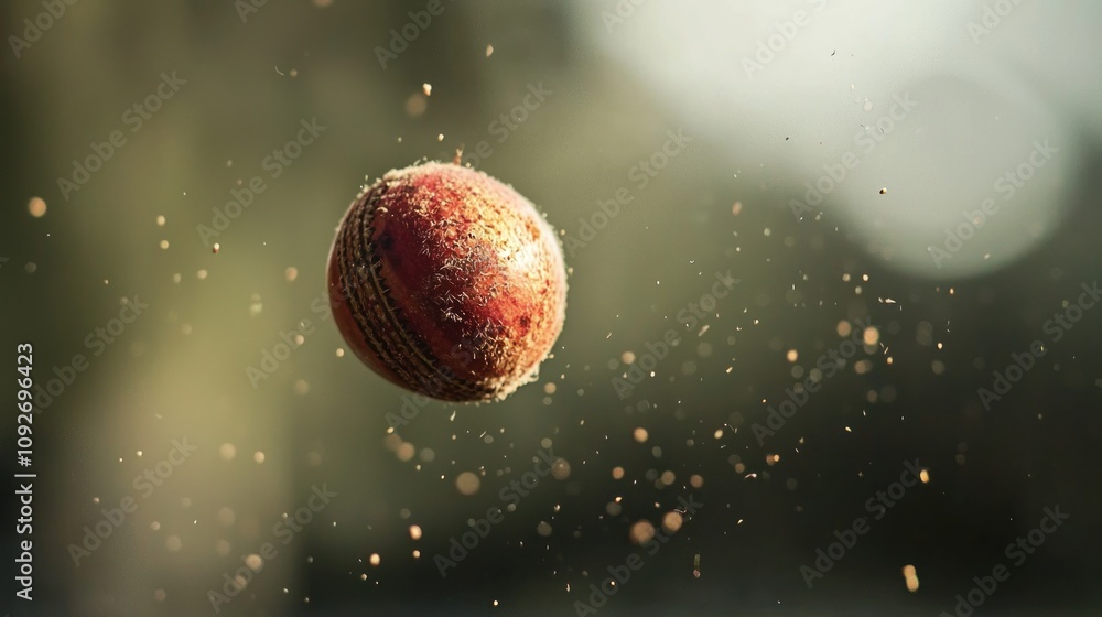 Close-up of a cricket ball spinning in the air during delivery