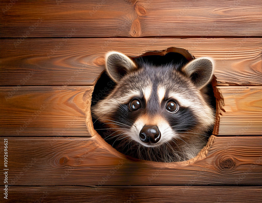 Ein niedlicher Waschbär in einem Loch in der wand