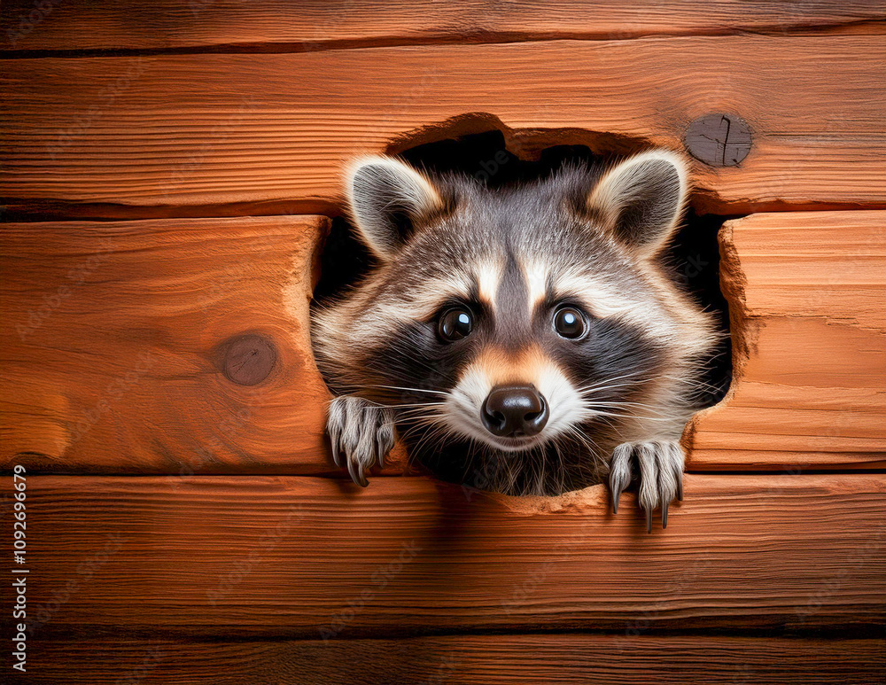 Ein Waschbär schaut aus einer Holzwand