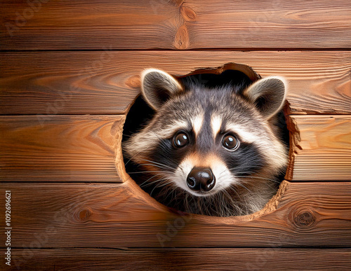 Obraz na płótnie Ein niedlicher Waschbär in einem Loch in der wand w salonie