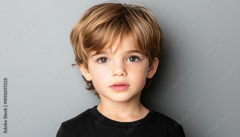 A young boy with soft features and tousled hair gazes directly at the camera against a neutral gray background. A young boy with soft features and tousled hair gazes directly at the camera against a neutral gray background.