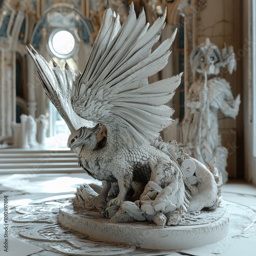 Intricate white sculpture of a mythical creature in an elegant palace interior during daylight photo