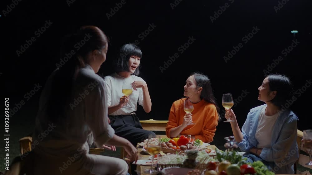 Four friends enjoying an outdoor dinner party at night, laughing, toasting, and celebrating their friendship together Four friends enjoying an outdoor dinner party at night, laughing, toasting, and celebrating their friendship together