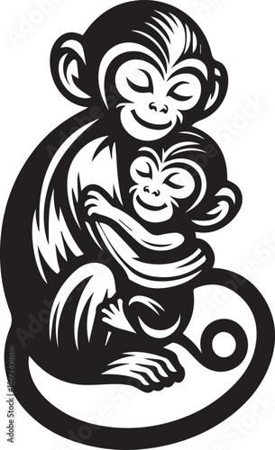 A loving monkey and baby monkey embracing, black and white line art. A captivating black and white line art illustration of a monkey cradling a baby monkey.