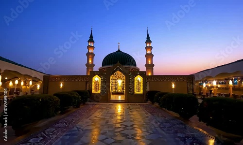 A silhouette of a mosque with lit windows at night.