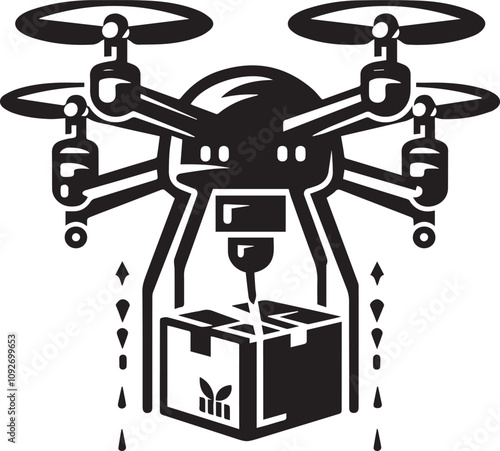 Drone Delivery of Package in Progress. A stylized graphic shows a drone carrying a package, conveying a sense of speed and futuristic delivery.