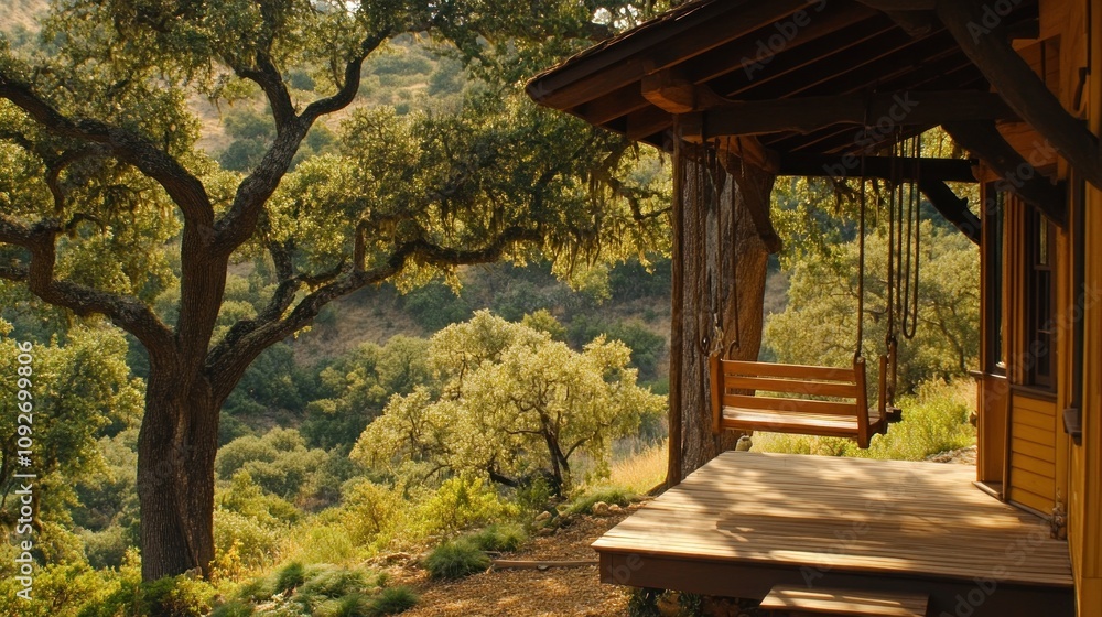 A serene porch swing overlooks a lush, green landscape, inviting relaxation and tranquility. A serene porch swing overlooks a lush, green landscape, inviting relaxation and tranquility.