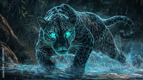 Majestic Black Panther with Glowing Blue Eyes Roaming Through a Rain-Soaked Jungle, Showcasing Power and Mystery in a Mystical Environment photo