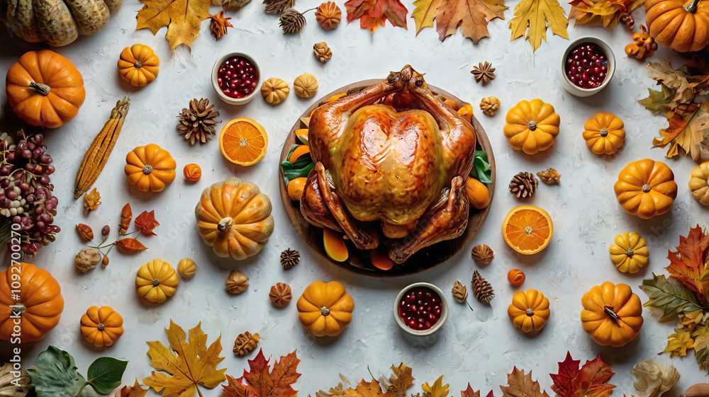 Thanksgiving table with a golden roasted turkey surrounded by autumn decoration Thanksgiving table with a golden roasted turkey surrounded by autumn decoration